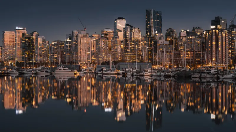 Vancouver City, Harbor, Night lights, Cityscape, Reflections, Nightscape, 5K, 8K