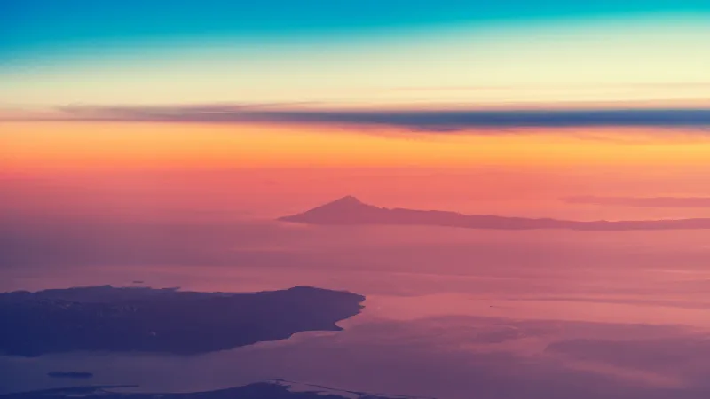Islands at sunset wallpaper, Aerial view, Pastel horizon