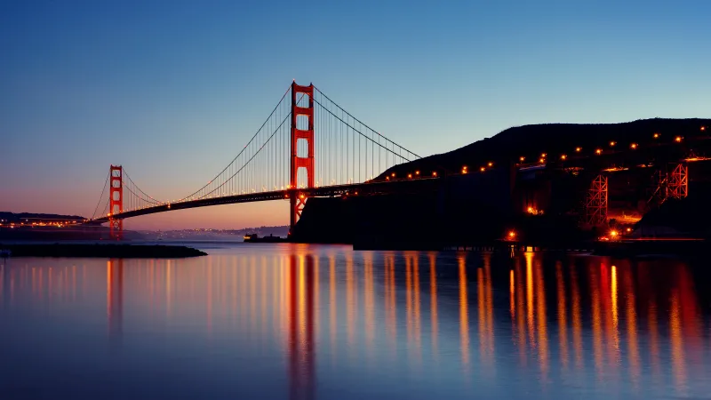 Golden Gate Bridge at dusk, San Francisco, Reflections, 4K wallpaper