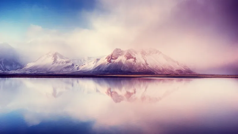 Misty snow mountains, Lake reflection, Pastel purple, 4K wallpaper