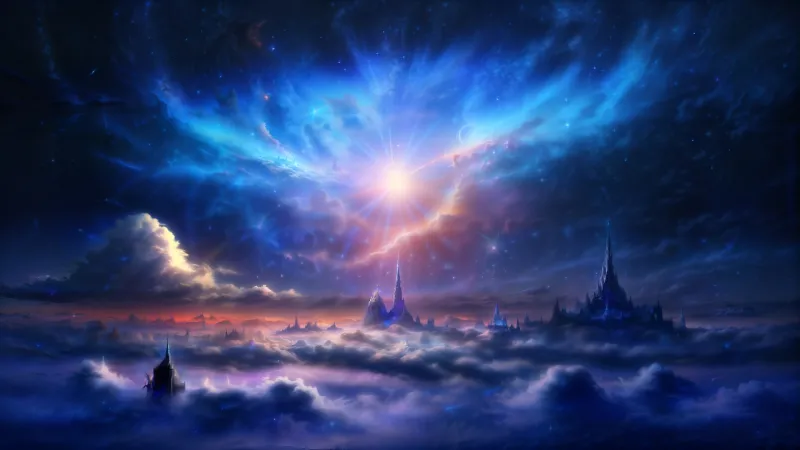 Floating castles above clouds wallpaper, Cosmic sky, Fantasy