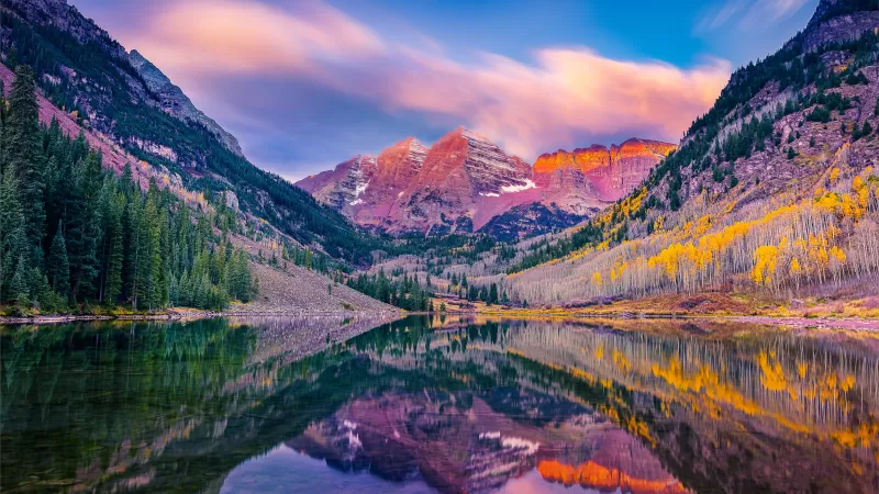 Maroon Bells, Maroon Lake, Colorado autumn, 4K wallpaper