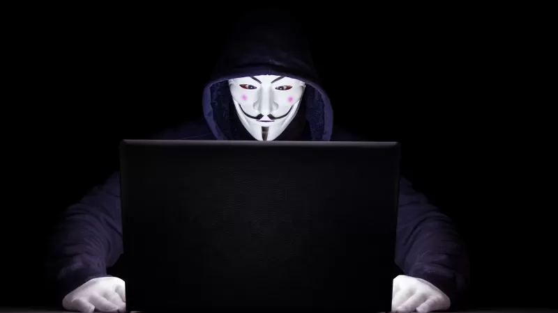 Anonymous, Hacker, Laptop, Black background, 5K