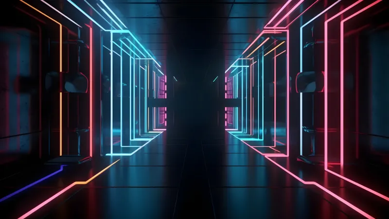 Neon corridor, Red and cyan lights, Sci-fi hallway, 5K wallpaper