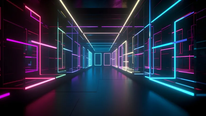 Glowing, Corridor, Neon Lights, Colorful, 5K