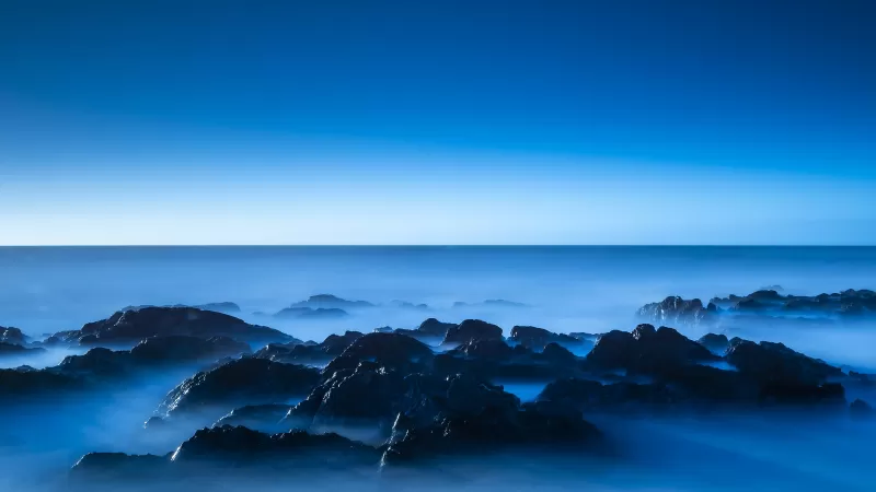 Seascape, Blue, Horizon, Clear sky, Ocean, Rocks, Sunrise, Dawn, Blue Sky, 5K