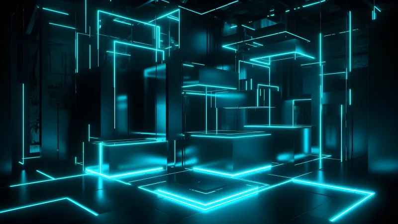 Neon cubes room, Cyan glow, 3D render, 5K wallpaper