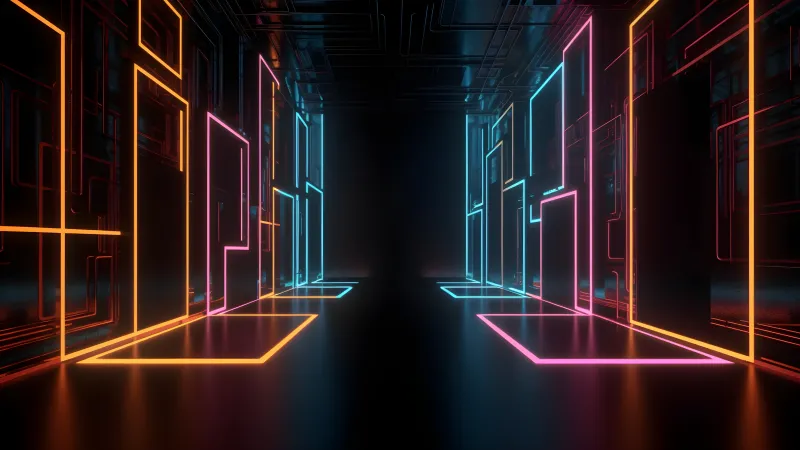 Orange and pink neon corridor wallpaper, Dark hallway, Sci-fi