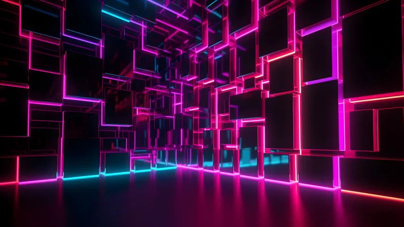 Pink neon cubes, Magenta glow, 3D wall, 5K wallpaper