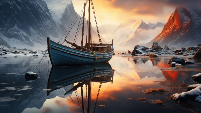 Scenic, Aesthetic, Boat, Sunset, AI art, Frosty, Dawn, 5K, 8K