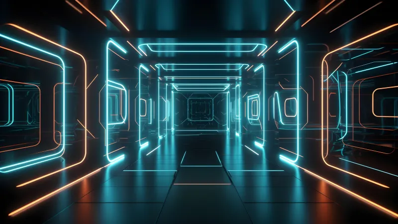 Neon tunnel, Cyan and orange lights, Reflective floor, 5K wallpaper