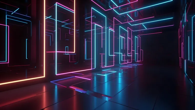 Neon Lights, Hallway, Reflection, Trendy, 5K