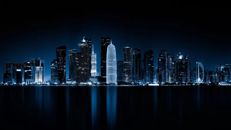 Doha, Qatar, Night, Cityscape, City lights, Reflections, Dark, 5K