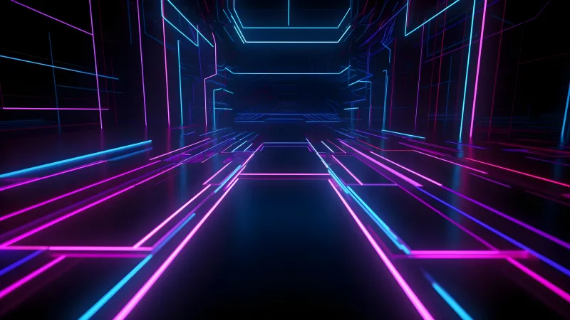 Purple neon corridor wallpaper, Blue lines, Cyberpunk room