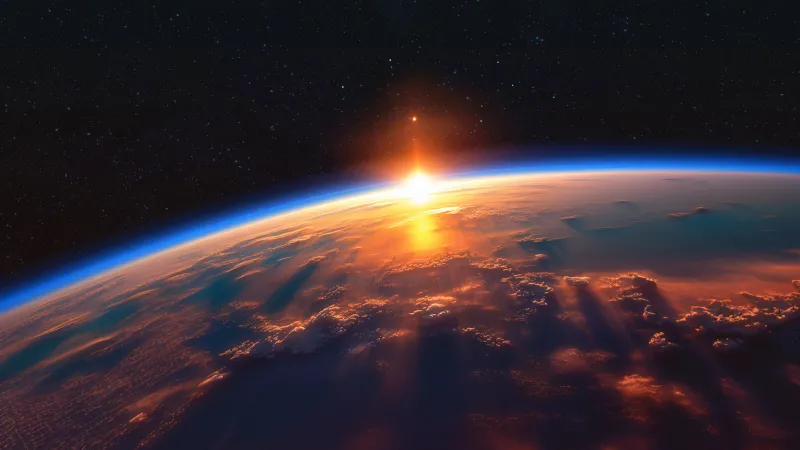 Sunrise over Earth, Orbit view, Blue horizon, 5K wallpaper