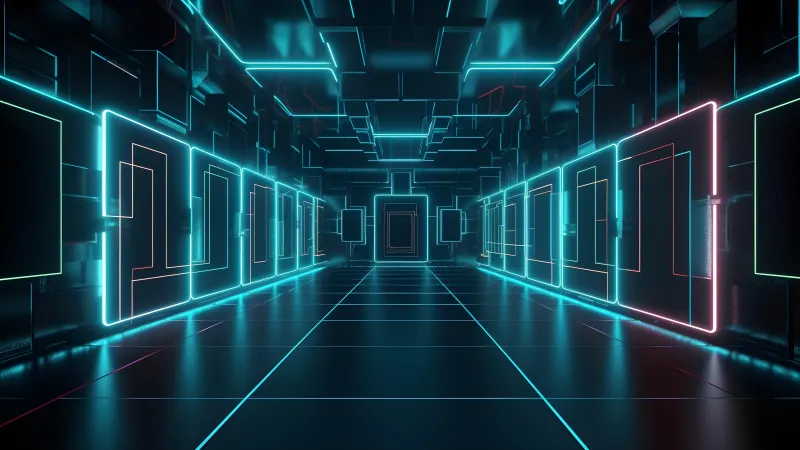 Teal neon corridor, Glowing frames, Digital art, 5K wallpaper