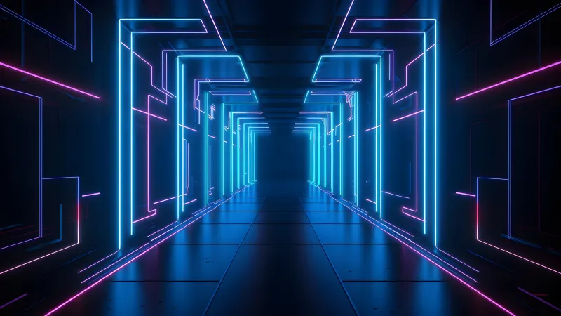 Blue neon hallway wallpaper, Pink accents, Sci-fi tunnel