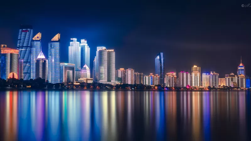 Qingdao, China, Night, Cityscape, City lights, Reflections, 5K