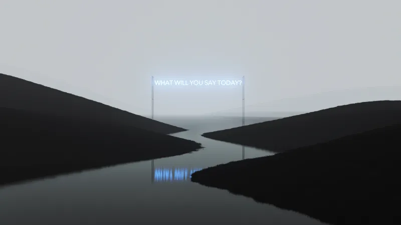 Neon sign, River, Mountains, Fog, Surreal, Dreamlike, Monochrome