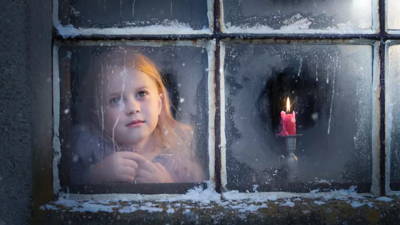 Cute Girl, Winter, Christmas, Snow, Window, Girly, 5K