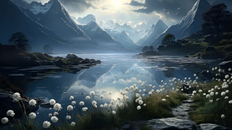 Alpine lake, Moonlight, Scenery, Surreal, Serene, Peaceful, Valley, AI art, 5K, 8K