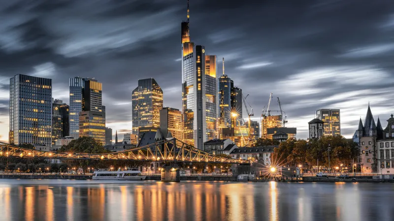 Frankfurt skyline wallpaper, Iron Footbridge, Main River at dusk