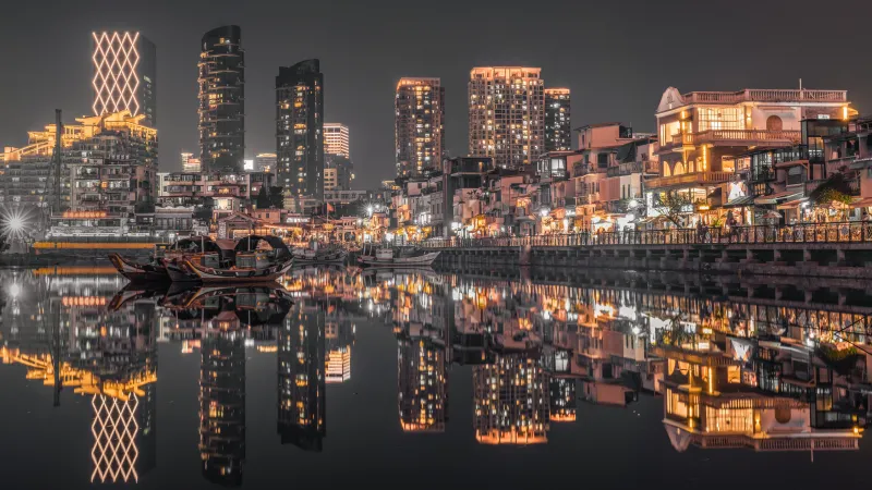 Hong Kong waterfront at night wallpaper, Reflections, City lights