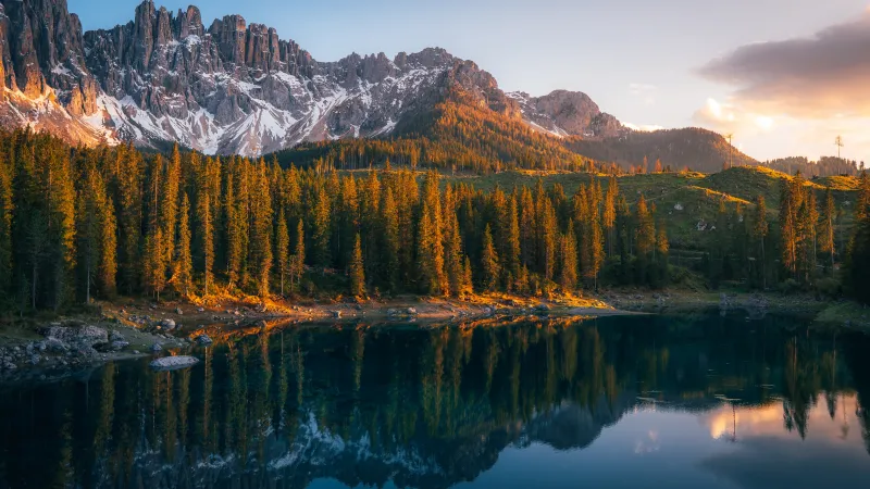 Karersee Lake, Serene, Lago di Carezza, Alpine lake, Italy, Dolomites, 5K background