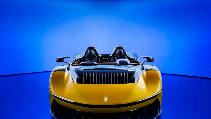 Pininfarina B95 wallpaper, Yellow electric hyper-barchetta, Blue studio, 8K