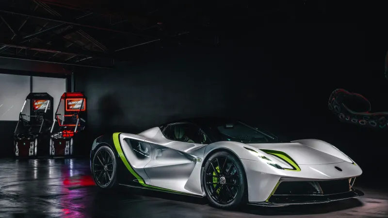 Lotus Evija Fittipaldi wallpaper, Electric hypercar, Arcade garage, 8K