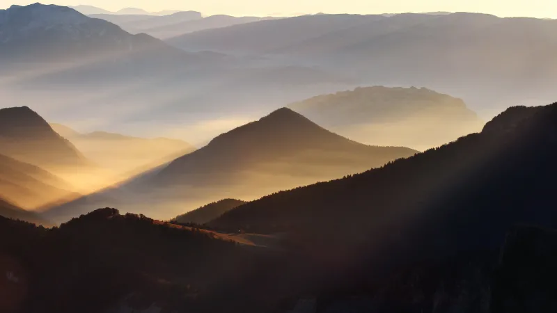 Foggy mountain valleys wallpaper, Golden sunrise, Hills