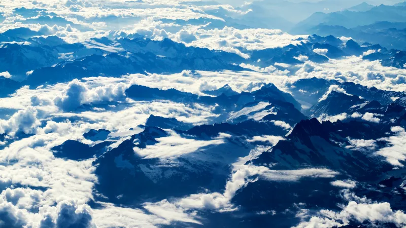 Swiss Alps above clouds wallpaper, Aerial view, Snowy peaks