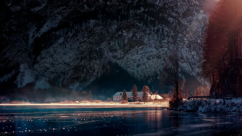 Lake house wallpaper, Snowy mountain, Frozen lake, Autumn light
