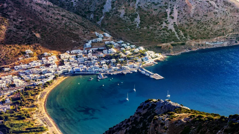 Sifnos wallpaper, Greek island village, Aerial bay