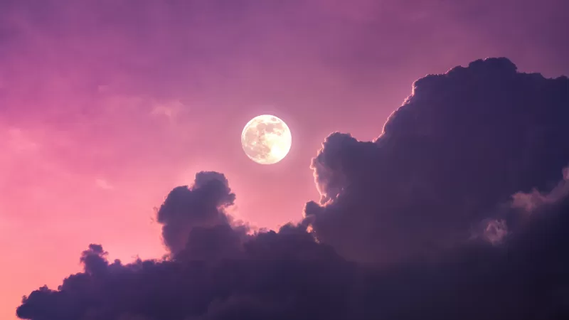 Full moon, Clouds, Pink sky, Scenic, Aesthetic
