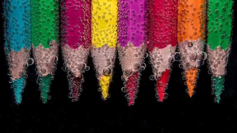 Pencils, Colorful, Underwater, Bubbles, Color pencils, 5K