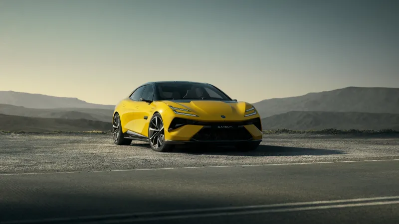 Lotus Emeya wallpaper, Yellow electric hyper-GT, Desert road, 2024, 8K