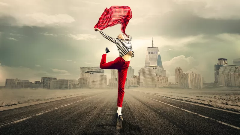 Dancing girl, Joyful mood, Red scarf, 5K wallpaper