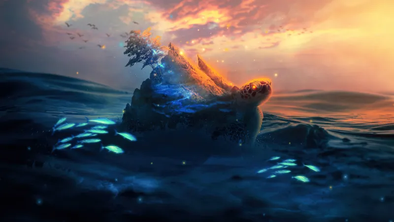 Sea turtle, Surreal 4K wallpaper