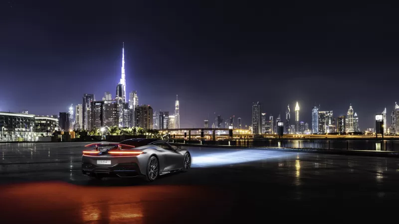 Pininfarina Battista, Dubai, Night, Cityscape, City lights, 5K