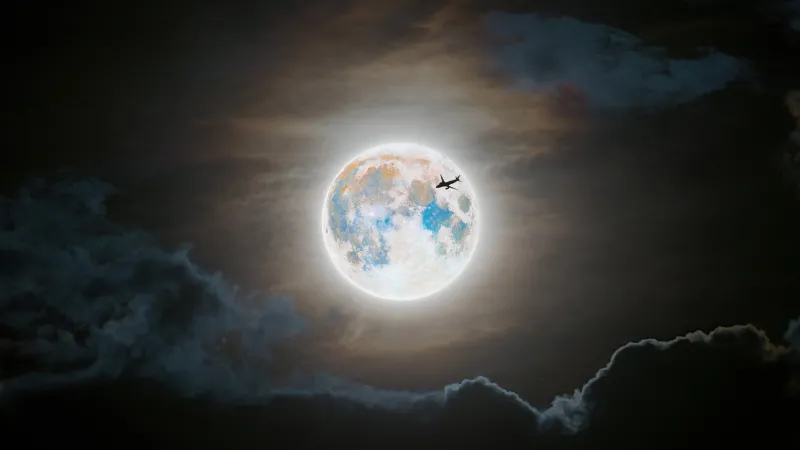 Full moon wallpaper, Plane silhouette, Night clouds
