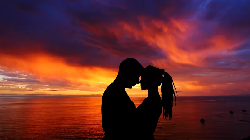 Couple, Romantic, Silhouette, Sunset, Seascape, Together, 5K