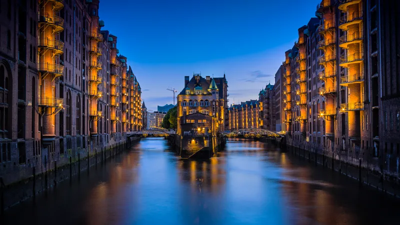 Speicherstadt wallpaper, Hamburg canal, Blue hour