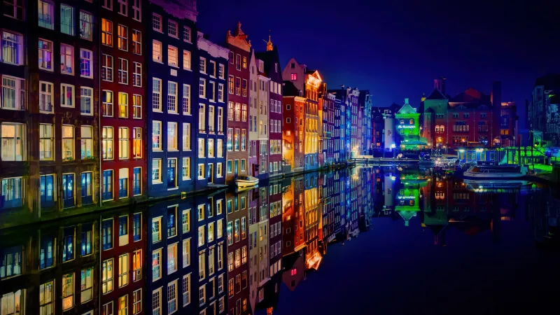 Amsterdam canal wallpaper, Night lights, Colorful reflections