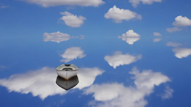 Blue sky Reflection, Boat, White Clouds, Aesthetic wallpaper 4K