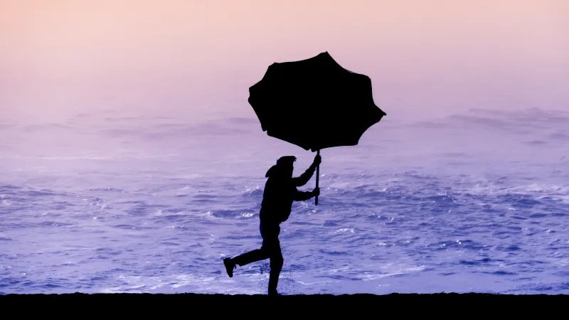 Umbrella silhouette, Windy beach, Purple sea, 5K wallpaper