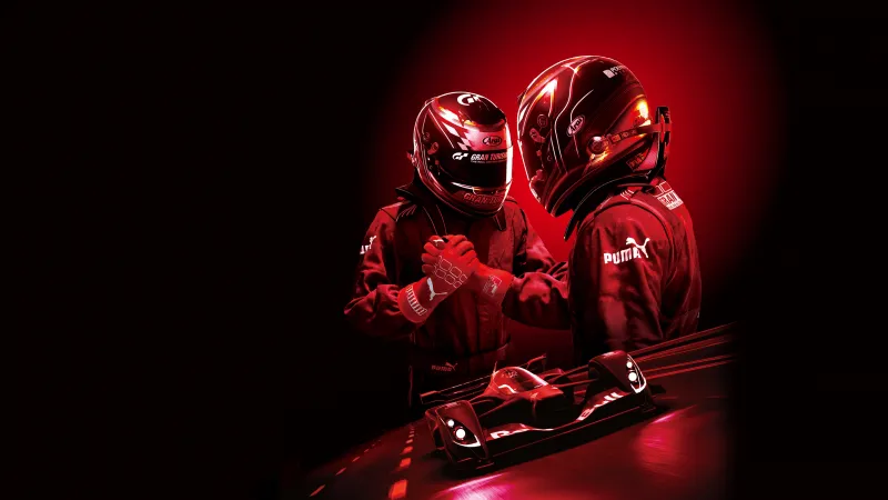 Gran Turismo Sport, Racing drivers, Red helmets, Black background, 4K wallpaper