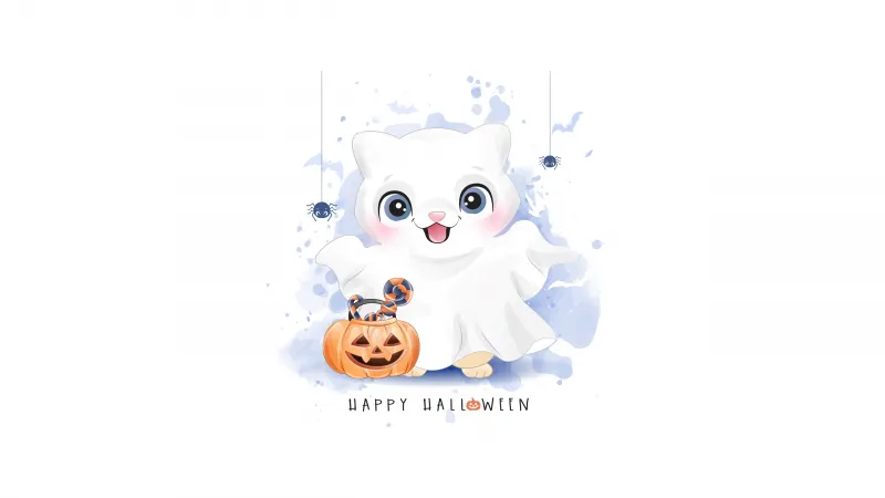Happy Halloween, Cute art, Bat, White aesthetic, 5K