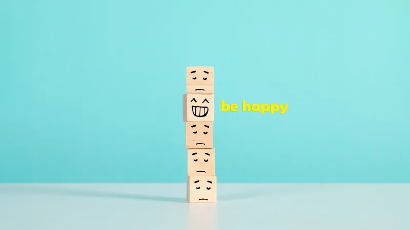 Be happy 8K Wallpaper, Emoticons, Sad, Joy, Cyan background, 5K, Cuteness