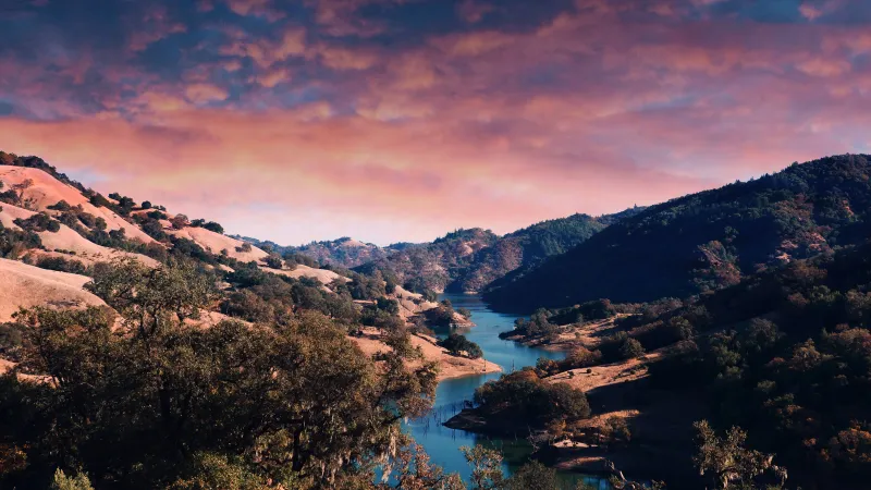 Pink sunset wallpaper, River valley, Oak hills